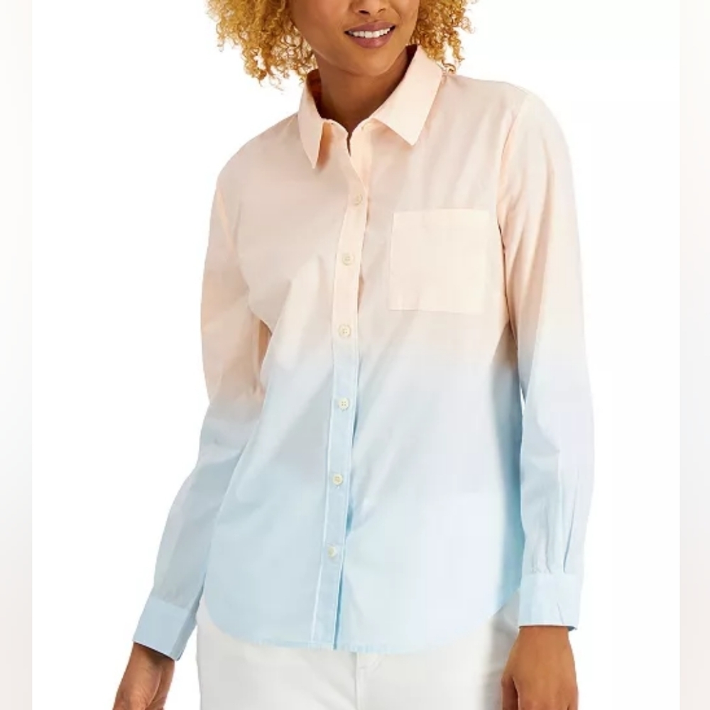 NWOT STYLE & CO Ombre Pink Coral Blue Fade Button Down Shirt Size XL